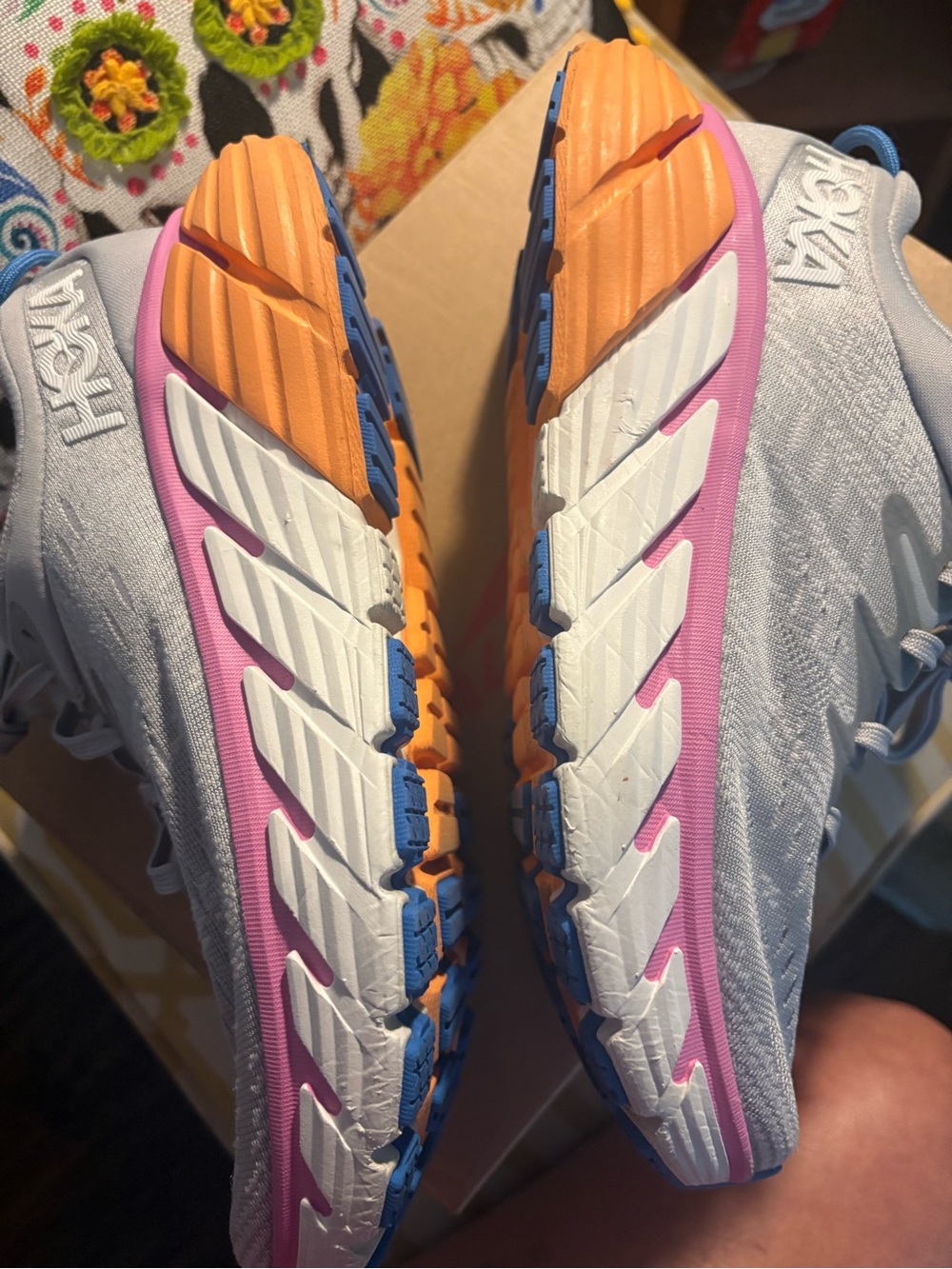 Gaviota 4 Hoka Light Gray Running Shoes with Pink & Orange Accents-worn 3 times - Picture 3 of 5